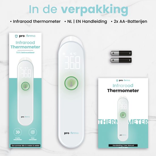 Inhoud van de Pro Firmo infrarood thermometer verpakking met thermometer, handleidingen en twee AA batterijen