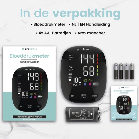 Inhoud van de Pro Firmo bloeddrukmeter verpakking met meter, handleidingen, batterijen en manchet