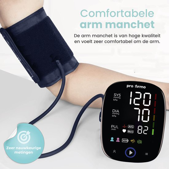 Pro Firmo bloeddrukmeter aangesloten op een armmanchet om de arm van een gebruiker§§